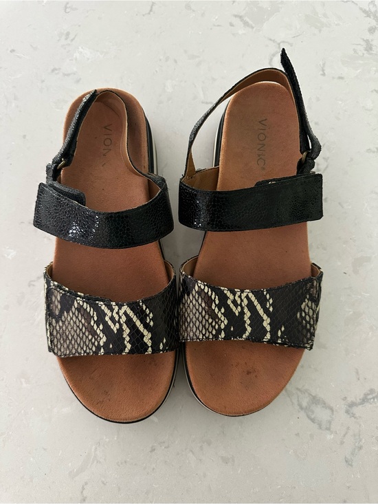 Vionic Shoes - Vionic Black and Beige Snake-Print Platform Sandals
